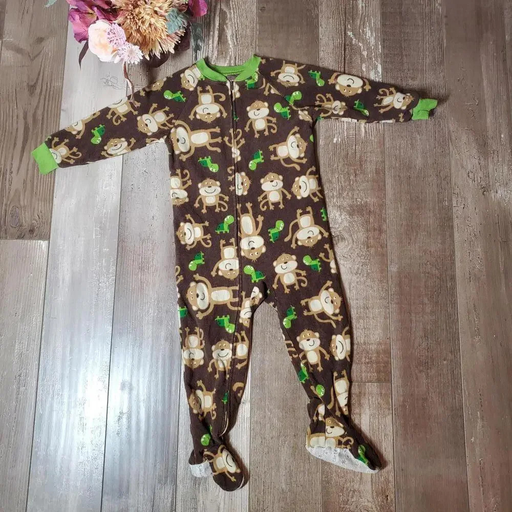 Carter's Size 2T Monkey Turtle Fleece Footed One Piece Sleeper Brown EUC